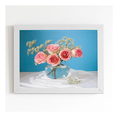 Quadro Vaso De Rosas Azul Decorativo Moldura Branca 60x40cm