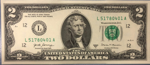 Billete Estados Unidos 2 Dolares Año 2017 Sin Circular