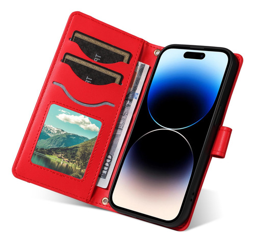 Funda Protectora Tipo Cartera De Piel Sintética De La Serie Motorola Con Ranura Para Tarjetas, Soporte Y Otras Funciones, Color Rojo