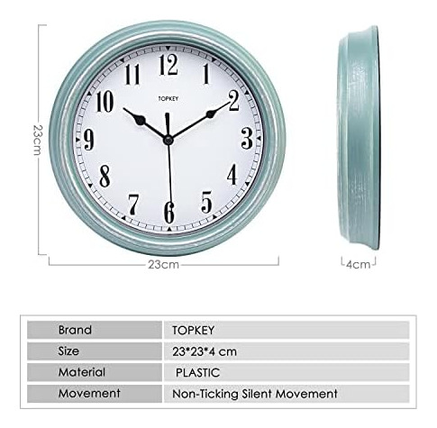Topkey Reloj De Pared Silencioso Cocina 9 Pulgadas Retro Sin