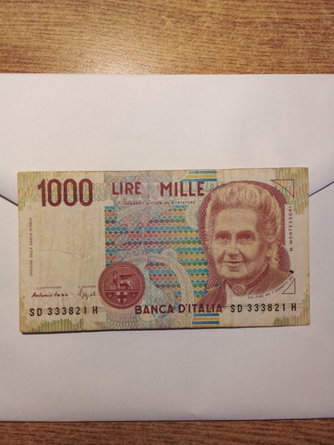 Billete Italiano 1000 Liras Año 1990 Imágen De M. Montessori