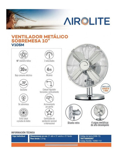 Ventilador Sobremesa 10 V10sm Metal Airolite