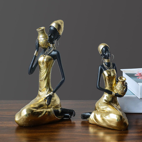 Elegante Escultura De Dama Africana Para 21,5x12x12cm