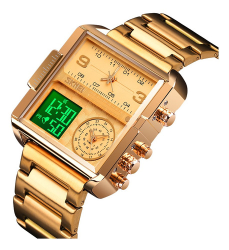 Reloj Hombre Lujo Skmei Cuadrada Cronógrafo Fechador Dorado