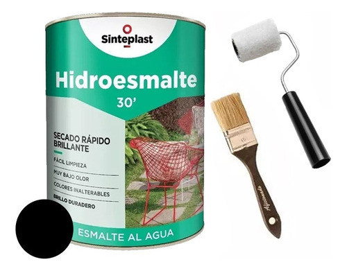 Combo Hidroesmalte Negro 4lt + Pincel Rodillo Sinteplast Mm