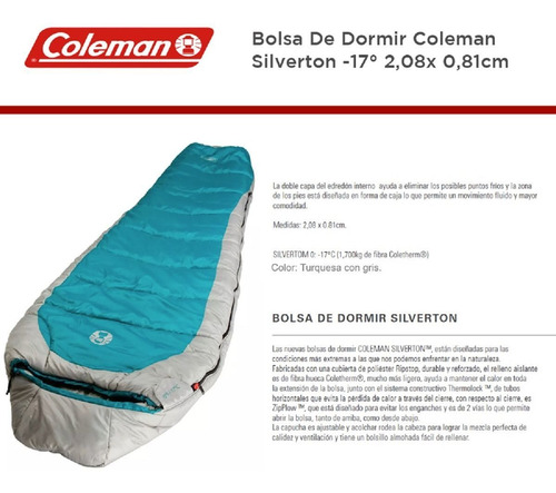 Imagen 2 de 6 de Bolsa Dormir Coleman Silverton Camping Térmica -17° Frio Ext