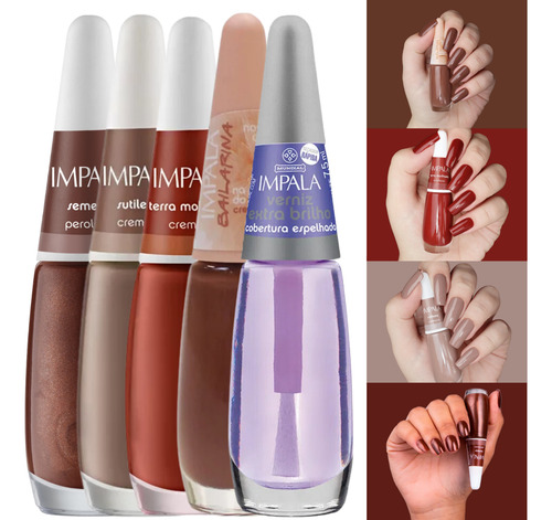 Kit 5 Esmaltes Impala Cremosos Marrom C/ Verniz Extra Brilho