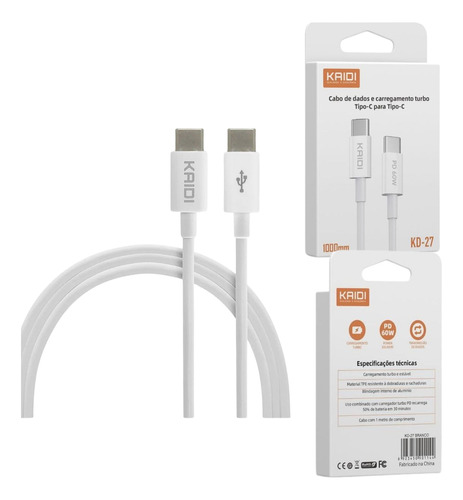 Cabo Usb Tipo C 60w Pdturbo Para Iphone 15 / 16 E Andoid Branco