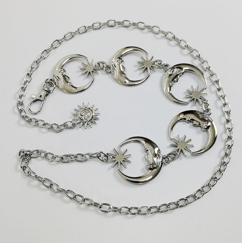 Cortes Cinturón De Cadena Metálica Punk Para Mujer, Estilo Gótico Con Colgantes De Luna Y Estrellas, Ajustable, Accesorio De Moda Para Falda O Pantalón, Color Plata