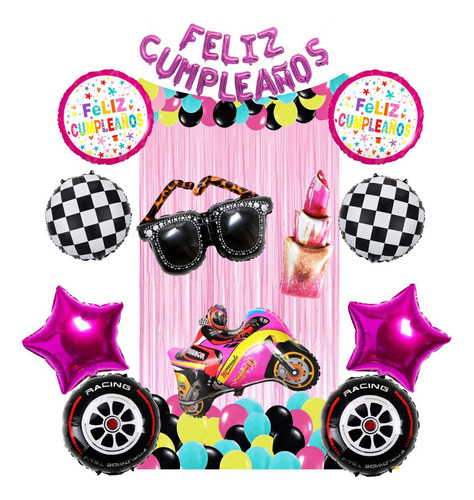 Decoracion Cumpleaños Globos Metálicos Motocicleta Lentes Color Rosa Moto