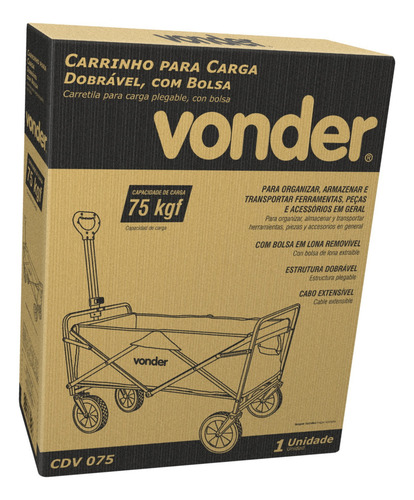 Carrinho Para Carga Ferramentas 75kg Vonder Com Rodas Cor Preto