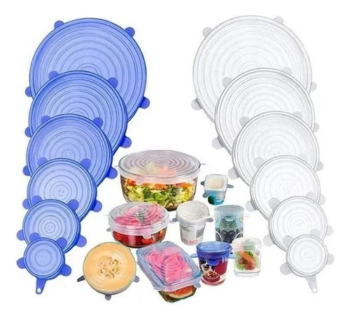 Tapas Elasticas Silicona Reutilizables Ajustable 6 Pz Comida Color Azul Liso