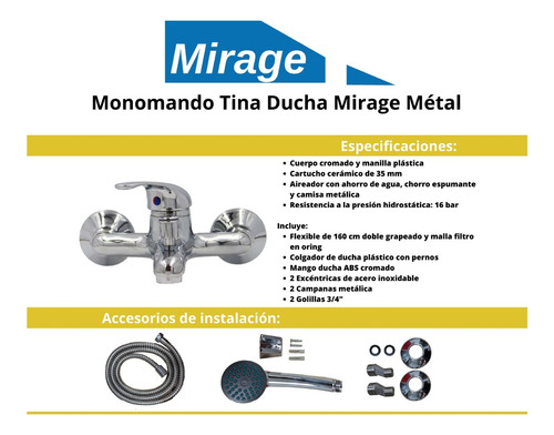 Llave Monomando Tina Ducha Mirage