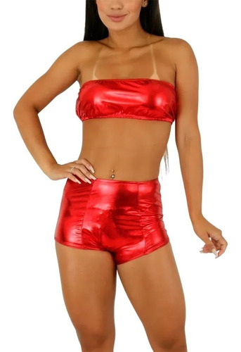 Conjunto Cropped E Short Top Metalizado Fantasia Carnaval