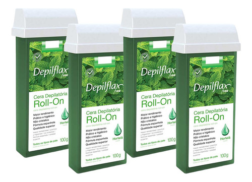 Kit 4 Refil Ceras Depilação Hortelã Roll On Depilflax 100g