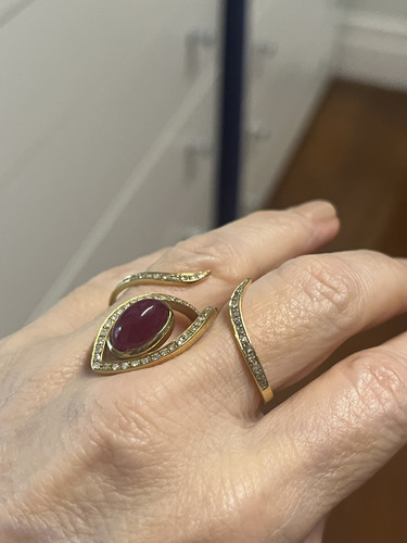 Anel Duplo Em Ouro Amarelo 18k Com Diamantes E Rubelita (Usado)