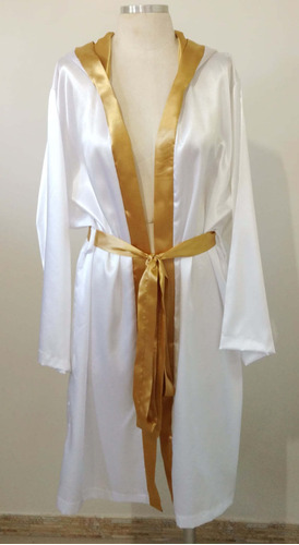 Robe De Cetim Com Capuz Branco E Dourado Mangas Longas