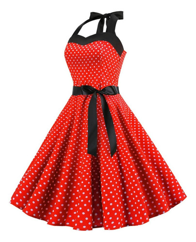 S Vestido De Mujer Casual 50s Retro Sin Mangas Halter Dot Pr