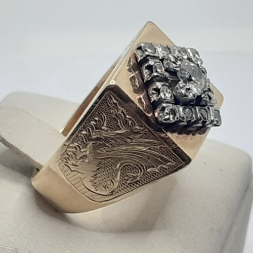 Anillo De Oro 18k Burilado De Dragones Y Brillantes 15,6g