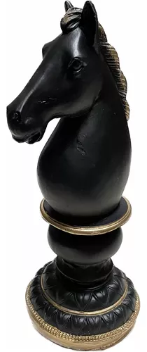 Decoração Peças De Xadrez Preto Dourado Cavalo Grande Resina