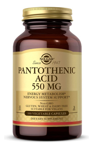 Ácido Pantoténico 550 Mg Solgar 100 Cápsulas Vegetales