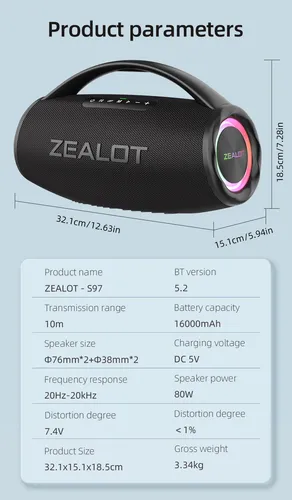 Caixa De Som Bluetooth Zealot S97 Portátil Rgb | Parcelamento sem
