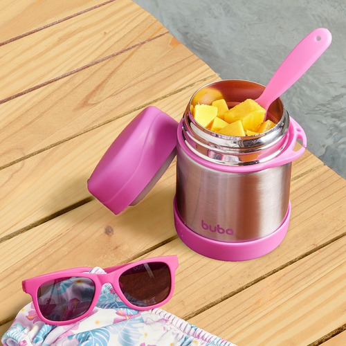 Pote Térmico Inox Parede Dupla Com Talher Buba Rosa 360ml