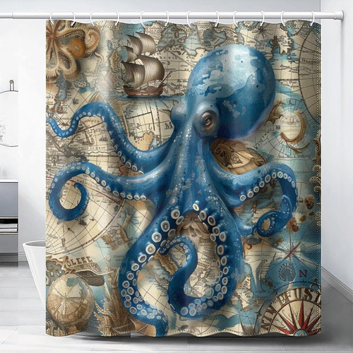 Cortina De Baño De Arte De Pulpo Pirata, Cortina De Baño Dec