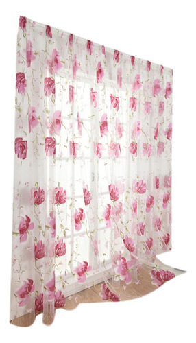 Cortina Rosa De Gasa Transparente Con Estampado De Flores, 1