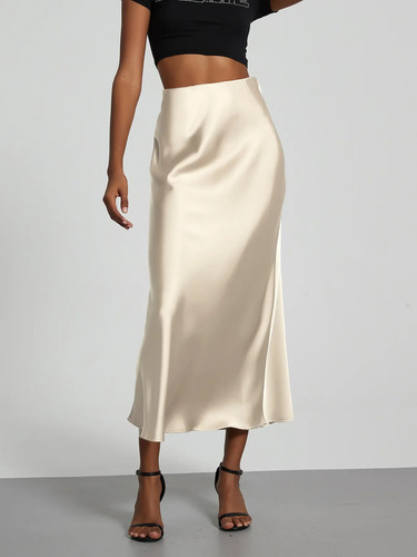 Elegante Falda Midi De Satén Para Mujer, Estilo De Viaje De
