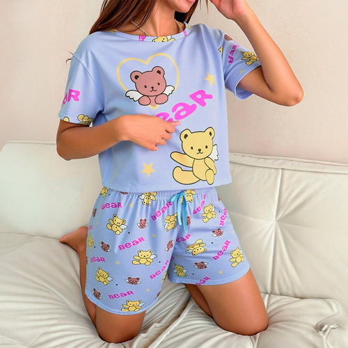 Pijama Mujer 3 Piezas Con Vestido Short Y Top Estampado