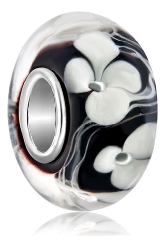 925 Sterling Silver Charms Flower Black Lampwork Murano Synt