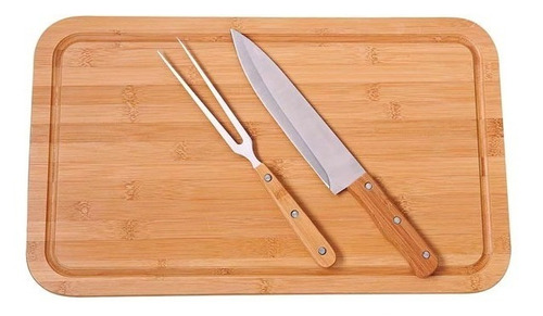 Set Asado Parrilla Mor Tabla Bambu Con Cuchillo Tenedor