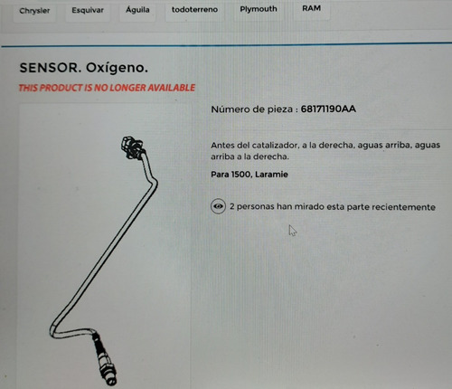 Sensor De Oxigeno Mopar Para Ram 1500