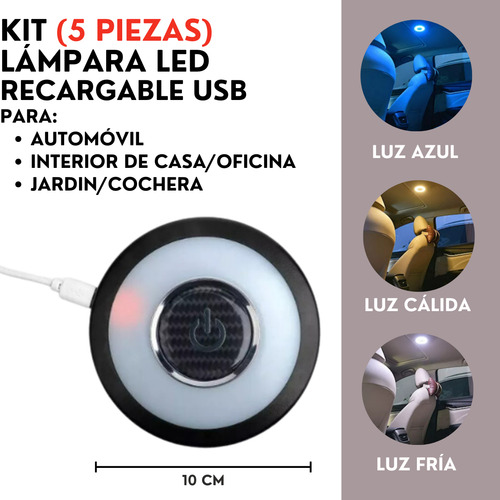 Kit 5 Pzs Luz Led Techo Interior Casa Auto Recargable Usb
