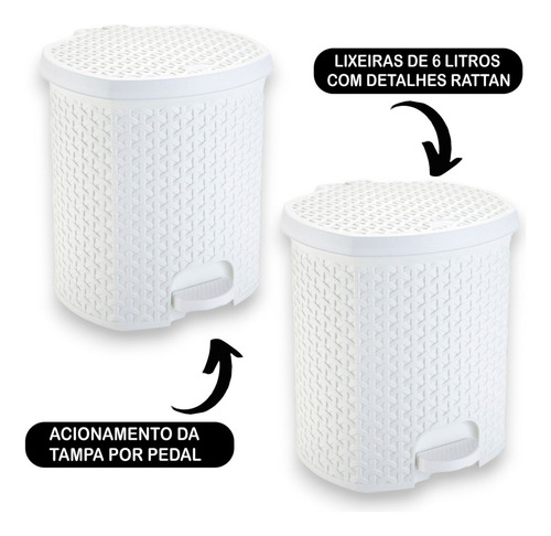 Lixeira Nitron Rattan Com Pedal 6 Litro Branca - Plasnorthon