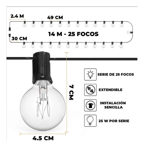 Guirnalda De Luces 25 Focos Para Exterior Impermeable Vintag Blanco