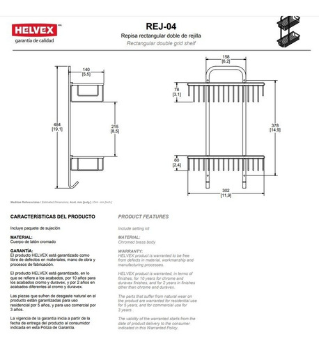Repisa De Rejilla Rectangular Doble Helvex Modelo Rej-04