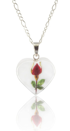 Collar De Amor Con Flor Real De Rosa En Un Corazn De Plata E