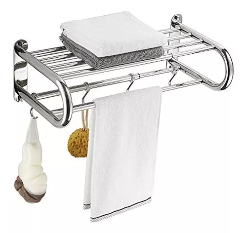 BESy Toalleros de acero inoxidable con estante, estante de baño ajustable  de 15 a 26.8 pulgadas con barra de toalla y ganchos para montaje en pared