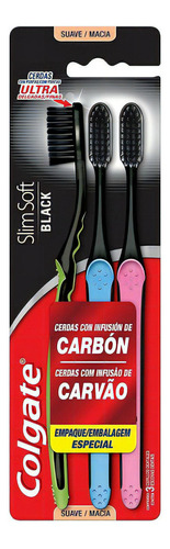 Escova de dentes Colgate Slim Soft Black suave pacote x 3 unidades