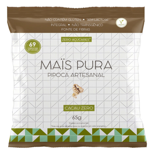 Pipoca Pronta Artesanal Integral Cacau Zero Açúcar Maïs Pura Pacote 65g