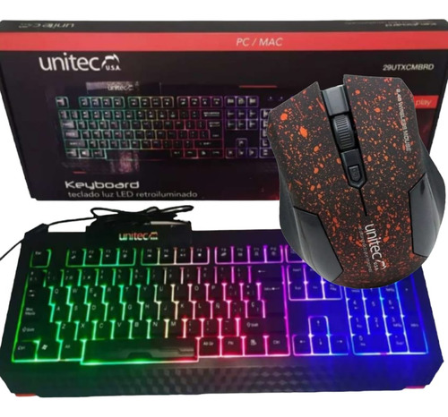 Combo  Gamer Led Unitecusb Teclas Rainbow + Mouse +pad Mouse