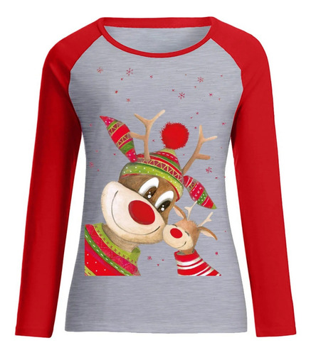 Camiseta De Manga Larga Raglán Estampado De Navidad Casual