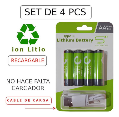 Pilas Recargables Aa 1460 Mah Pack X4 + Cable Usb-c Doble