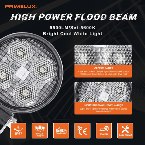 Luz Led Redonda, 3 Pulgadas 48w 5500lms Luz De Inundación...