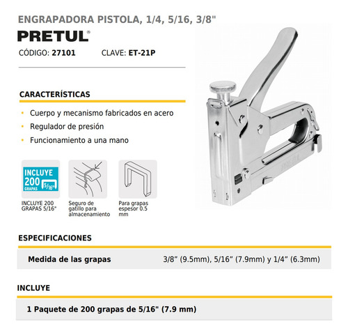 Imagen 3 de 7 de Engrampadora Tipo Pistola Manual Pretul + 200 Grampas 27101