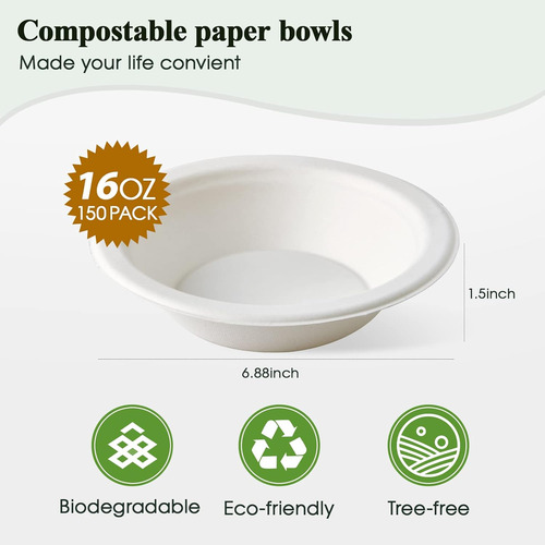 Paquete 150 Cuencos Compostables 16 Oz Biodegradables Ecológ