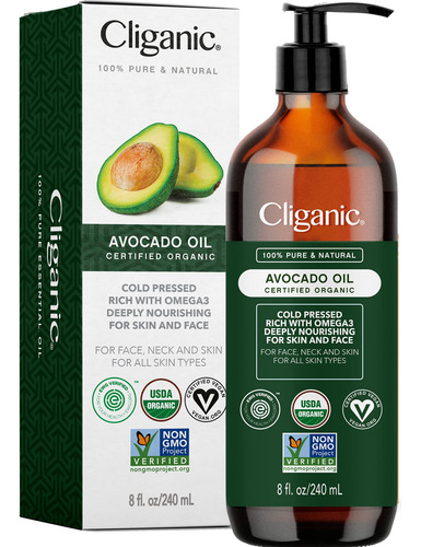 Aceite De Aguacate Cliganic 100% Orgánico Puro, 240 Ml, Para