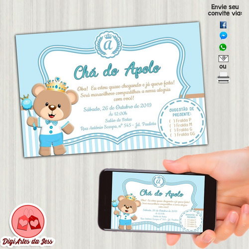 Imagem 2 de 3 de Convite Digital Chá De Bebê/fraldas - Príncipe Urso #004